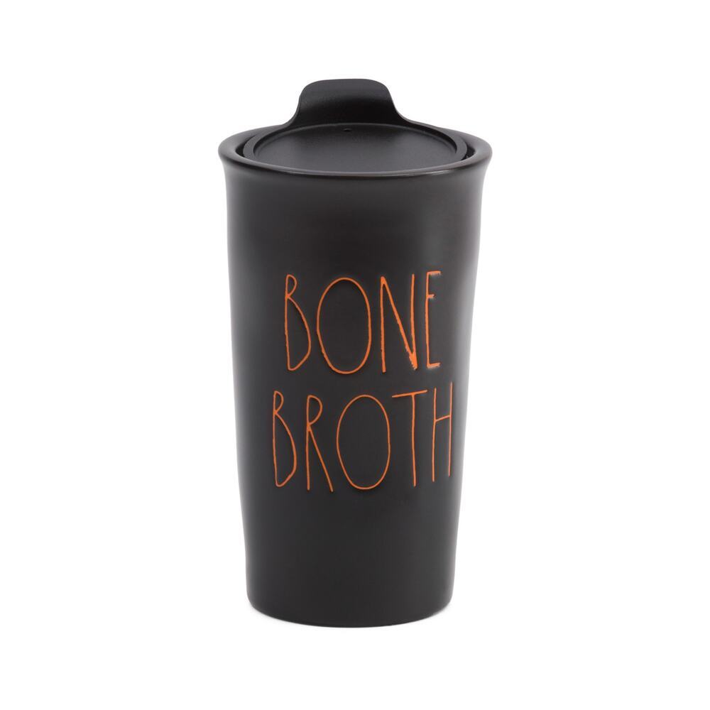 Rae Dunn "Bone Broth" Black Ceramic Tall Travel Mug W/Lid, Halloween Themed